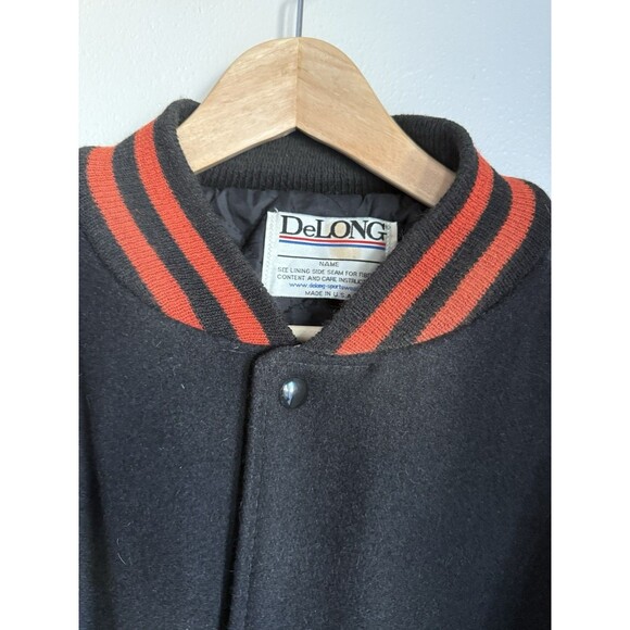 Vintage  DeLONG Varsity Jacket 3XL Black Red Leather Sleeves USA Made - Picture 2 of 6